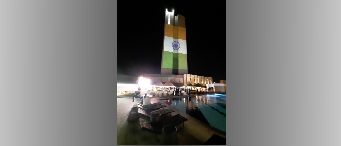  The prestigious 2 Fevrier Hotel in Lomé, Togo draped in tricolour on the eve of India's Independence Day